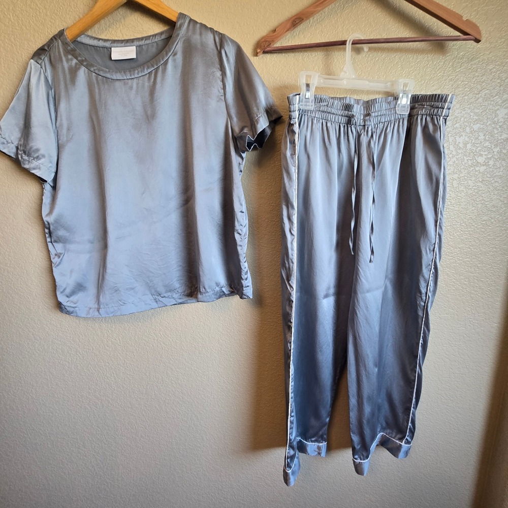 Hammacher Schlemmer 100% Silk Pajama Set XL Blue Grey Short Sleeve Top Pants